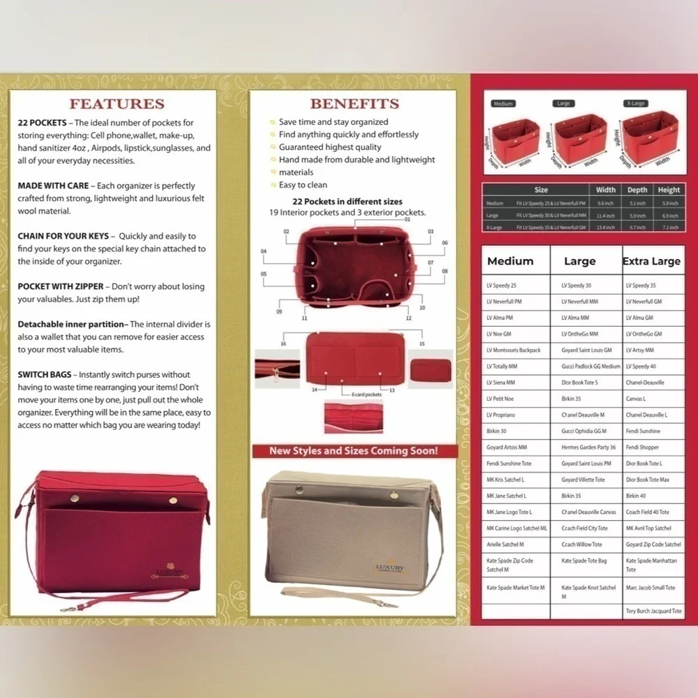 2 Purse Organizer Insert for Louis Vuitton speedy 30MM bags& Neverfull GM XL RED - Picture 12 of 12